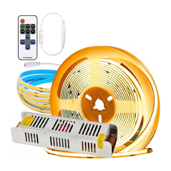 Zestaw Taśma LED Neon COB 12V 10m 3000K BIAŁA CIEPŁA ZASILACZ PILOT 8mm