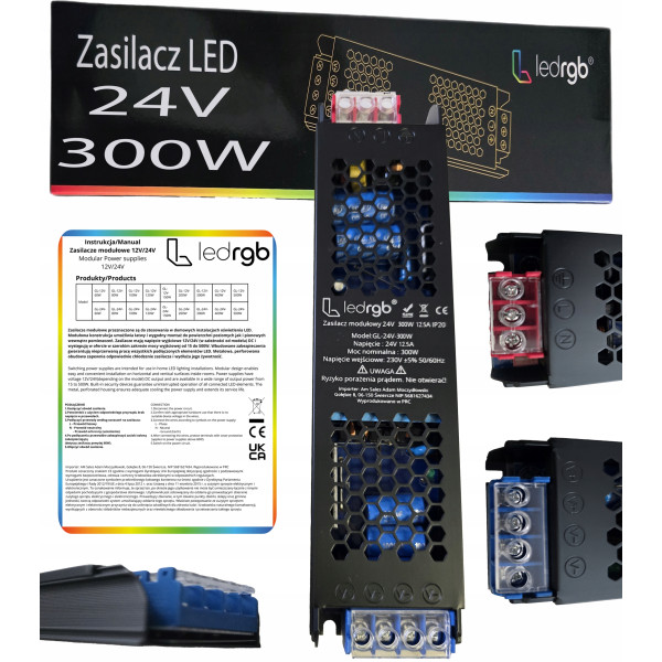 Zasilacz montażowy 24V 12.5A 300W PREMIUM do LED modułowy AC DC SLIM MOCNY