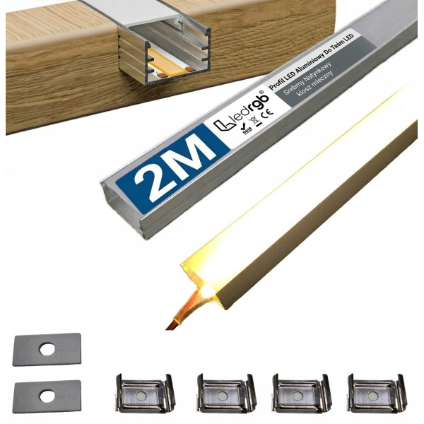PROFIL Aluminiowy do TAŚMA LED anodowany 2m + klosz mleczny klik + zaczepy
