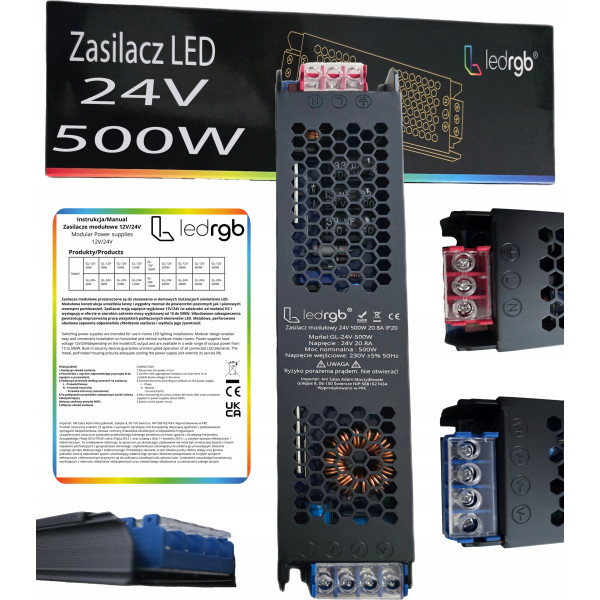 Zasilacz montażowy 24V 20.8A 500W PREMIUM do LED modułowy AC DC SLIM MOCNY