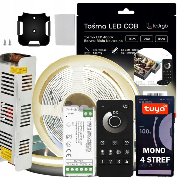 Zestaw Taśma LED COB 24V 10m BIAŁA N. 4000K ZASILACZ TUYA WIFI 100W