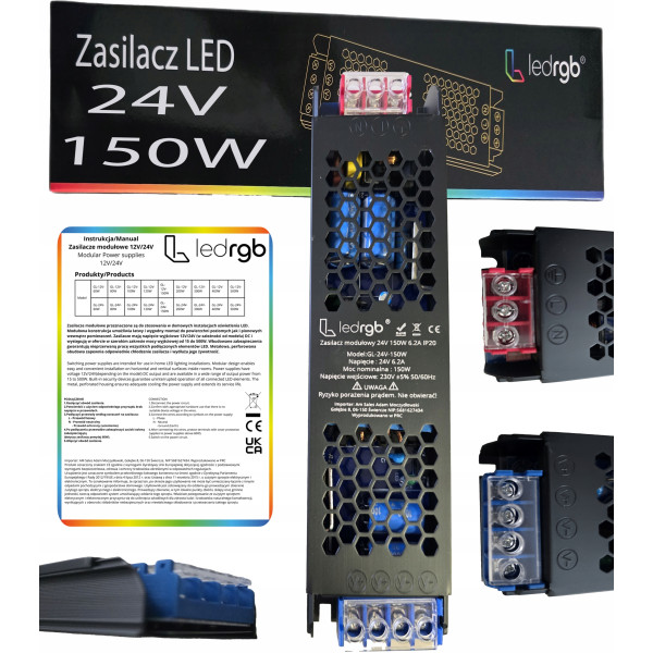 Zasilacz montażowy 24V 6.2A 150W PREMIUM do LED modułowy AC DC SLIM MOCNY