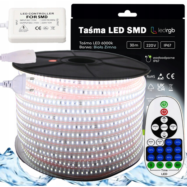 ZESTAW Taśma LED SMD 230V 30m 6000K BIAŁA ZIMNA ŚCIEMNIACZ PILOT IR IP67