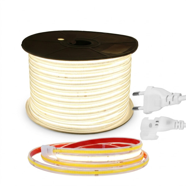 ZESTAW TAŚMA LED COB 10m 230V BIAŁA NEUTRALNA 4000K CIĘTA CO 10CM IP67 KLEJ