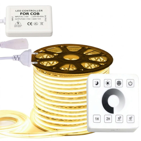 ZESTAW Taśma LED COB 230V 20m 3000K BIAŁA CIEPŁA ZASILACZ STEROWNIK PILOT
