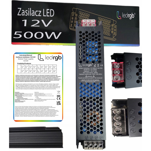 Zasilacz montażowy 12V 41.6A 500W PREMIUM do LED modułowy AC DC SLIM MOCNY