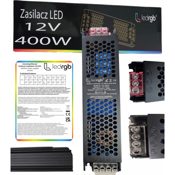 Zasilacz montażowy 12V 33.3A 400W PREMIUM do LED modułowy AC DC SLIM MOCNY