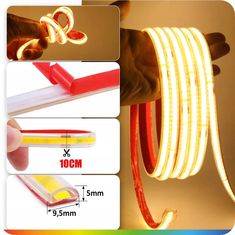 ZESTAW TAŚMA LED COB 20m 230V BIAŁA CIEPŁA 3000K CIĘTA CO 10CM IP67 KLEJ