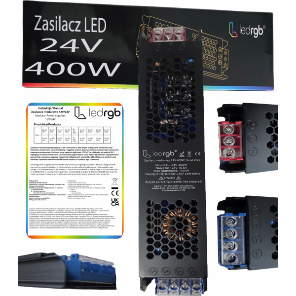 Zasilacz montażowy 24V 16.6A 400W PREMIUM do LED modułowy AC DC SLIM MOCNY