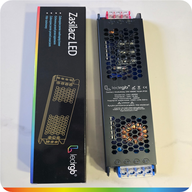 Zasilacz montażowy 24V 16.6A 400W PREMIUM do LED modułowy AC DC SLIM MOCNY