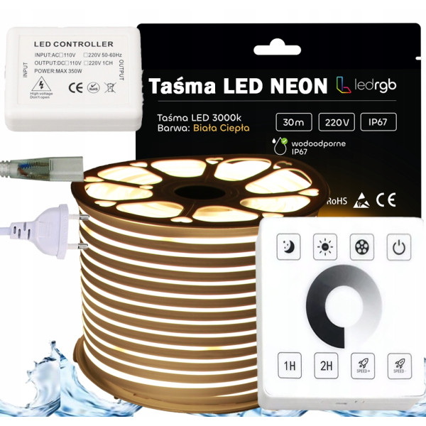ZESTAW Taśma LED NEON 230V 30m 3000K BIAŁA CIEPŁA ZASILACZ STEROWNIK PILOT