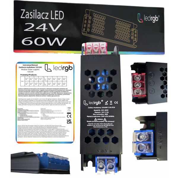 Zasilacz montażowy 24V 2.5A 60W PREMIUM do LED modułowy AC DC SLIM MOCNY
