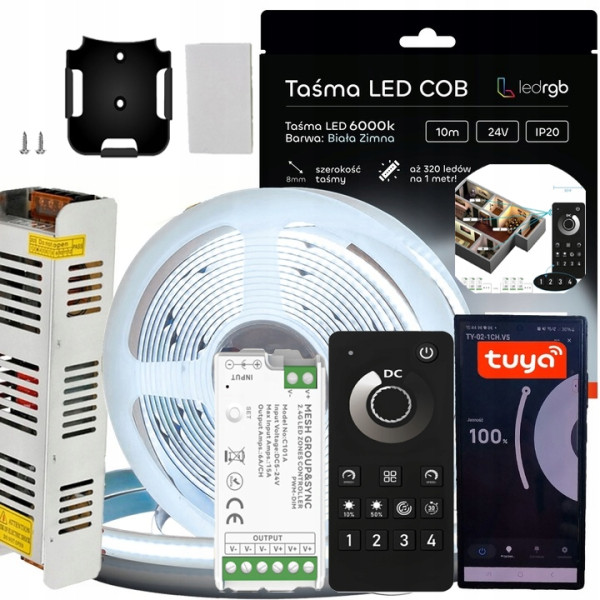Zestaw Taśma LED COB 24V 10m BIAŁA Z. 6000K ZASILACZ TUYA WIFI 100W