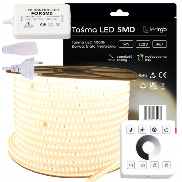 ZESTAW Taśma LED SMD 230V 5m 4000K BIAŁA NEUTRALNA ŚCIEMNIACZ PILOT RF IP67