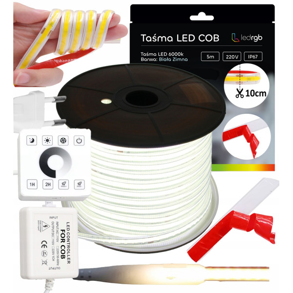 ZESTAW TAŚMA LED COB 5m 230V BIAŁA ZIMNA 6000K 10CM CIĘCIE PILOT STER