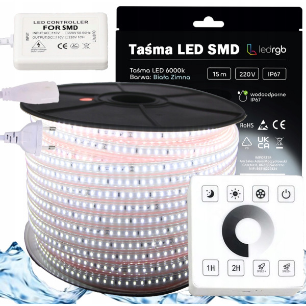 ZESTAW Taśma LED SMD 230V 15m 6000K BIAŁA ZIMNA ŚCIEMNIACZ PILOT RADIOWY
