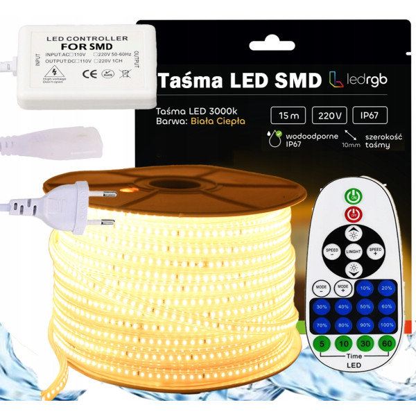 ZESTAW Taśma LED SMD 230V 15m 3000K BIAŁA CIEPŁA ŚCIEMNIACZ PILOT IR IP67