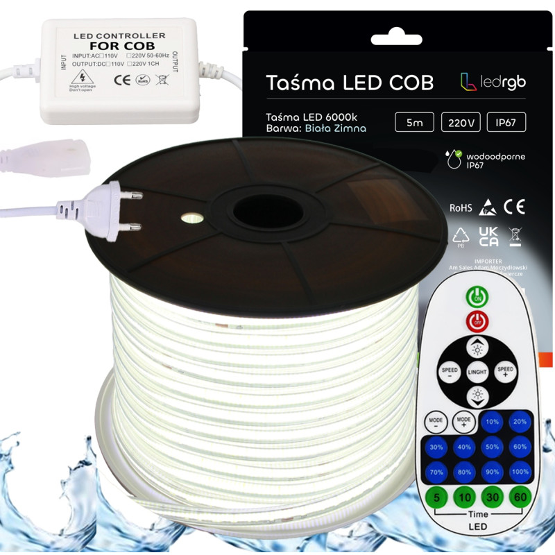 ZESTAW Taśma LED COB 230V 5m 6000K BIAŁA ZIMNA ZASILACZ STEROWNIK PILOT IR
