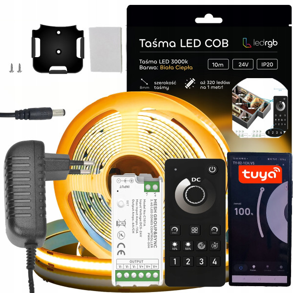 Zestaw Taśma LED COB 24V 10m BIAŁA Z. 3000K ZASILACZ TUYA WIFI S