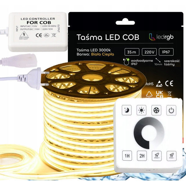 ZESTAW Taśma LED COB 230V 35m 3000K BIAŁA CIEPŁA ZASILACZ STEROWNIK PILOT