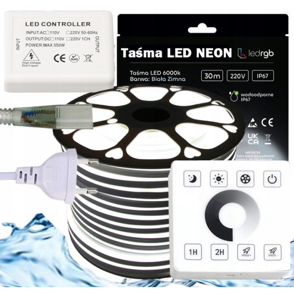 ZESTAW Taśma LED NEON 230V 30m 6000K BIAŁA ZIMNA ZASILACZ STEROWNIK PILOT