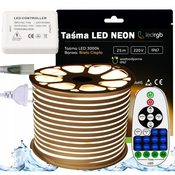 ZESTAW Taśma LED NEON 230V 25m 3000K BIAŁA CIEPŁA ZASILACZ PILOT STEROWNIK