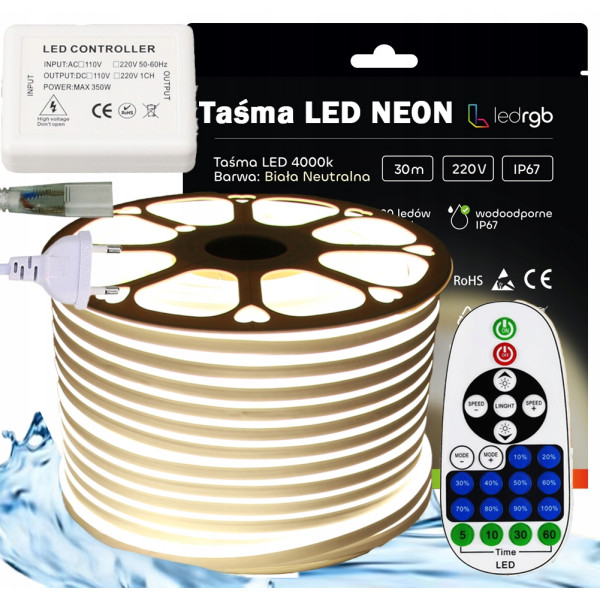 ZESTAW Taśma LED NEON 230V 30m 4000K BIAŁA NEUTRALNA STEROWNIK PILOT 23 IR