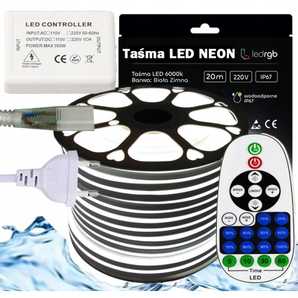 ZESTAW Taśma LED NEON 230V 20m 6000K BIAŁA ZIMNA ZASILACZ STEROWNIK PILOT