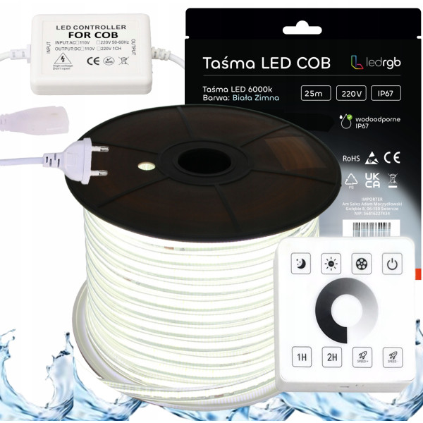 ZESTAW Taśma LED COB 230V 25m 6000K BIAŁA ZIMNA ZASILACZ STEROWNIK PILOT RF