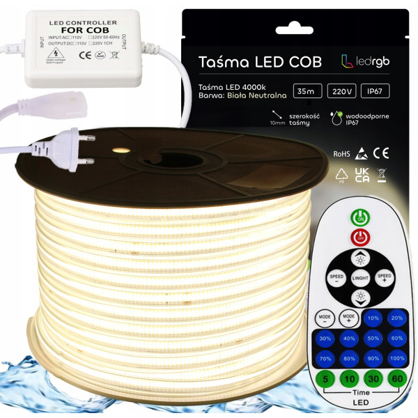 ZESTAW Taśma LED COB 230V 35m 4000K BIAŁA NEUTRALNA ŚCIEMNIACZ PILOT IR