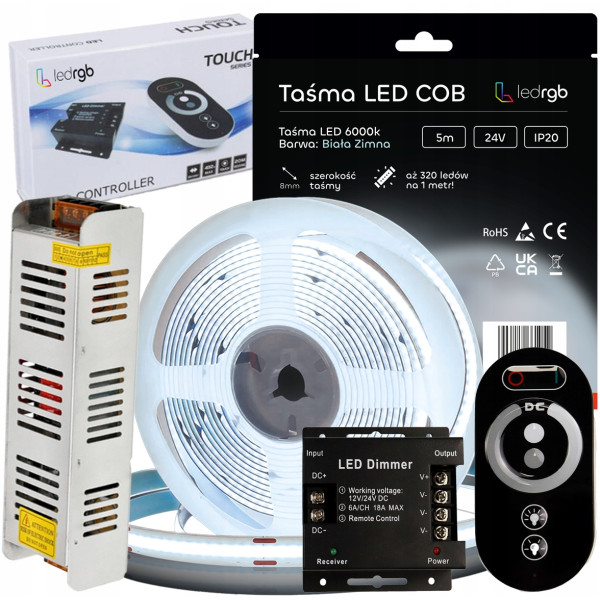 Zestaw Taśma LED COB 24V 5m 6000K BIAŁA ZIMNA ZASILACZ PILOT RADIOWY STER