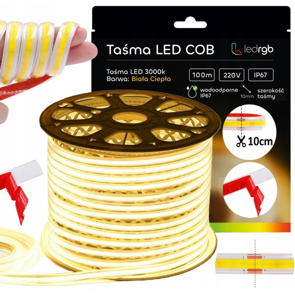 Taśma LED COB 100m 220/230V biała ciepła 3000K 240/m IP67 cięta co 10cm